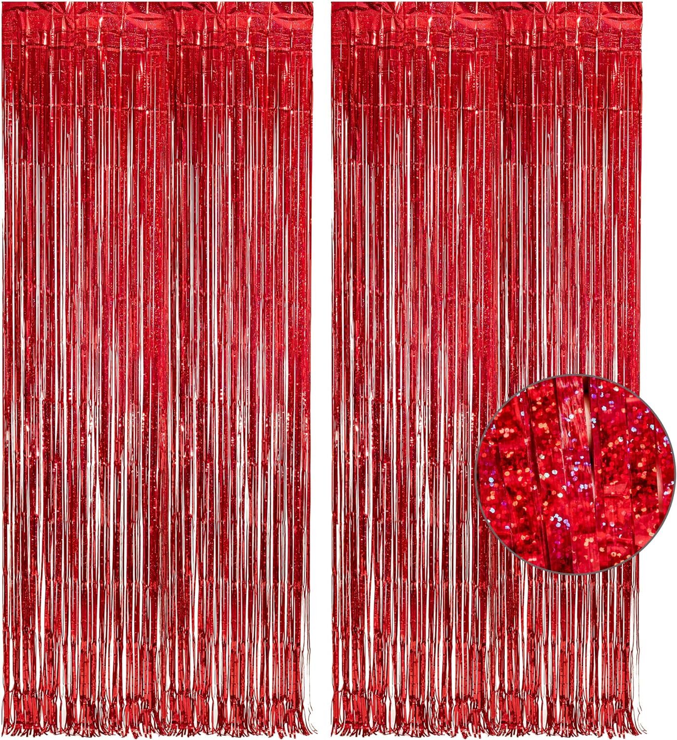 Red Fringe Tinsel Curtain for Party Decorations Backdrop by GREATRIL