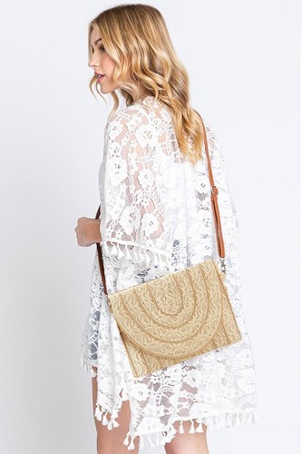 Anthropologie Style Woven Textured Stitch Trim Design Straw Clutch Crossbody Bag - Picture 8 of 14