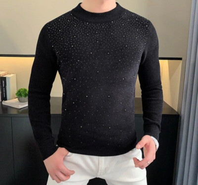New Men Luxury Velvet Diamond Rhinestones Fashion Knitted Black Sweater