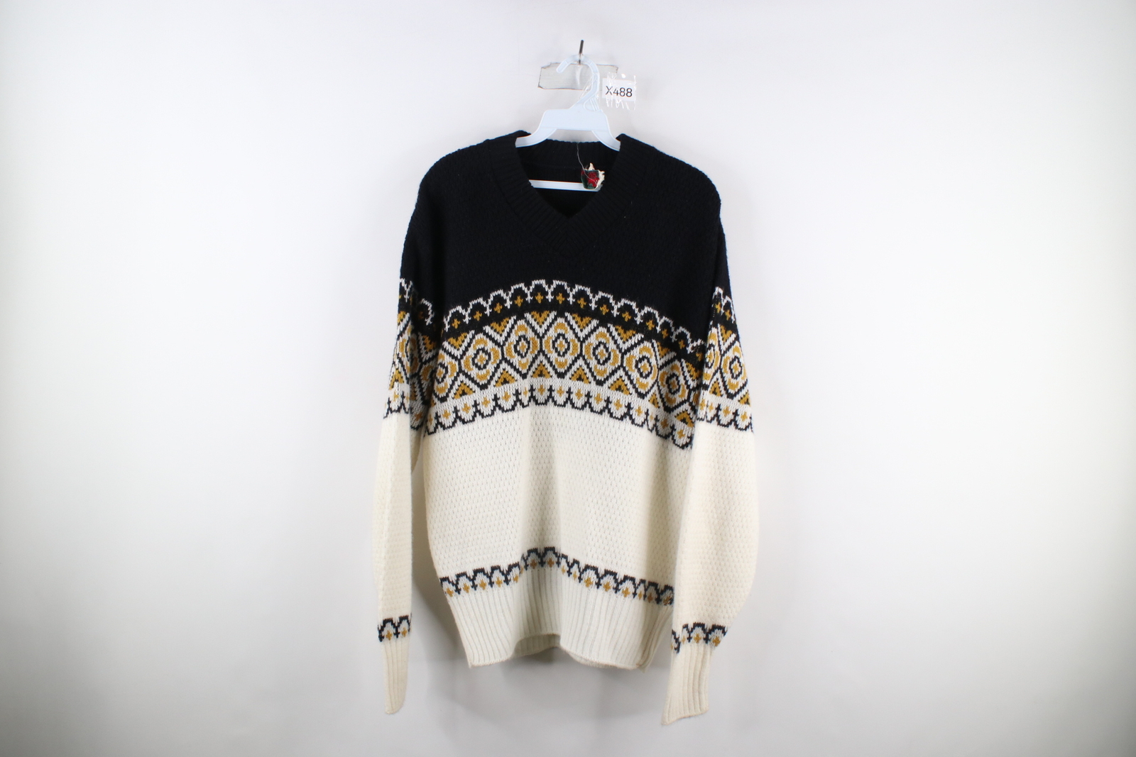 Vintage 50s 60s Mens Large Paul Mage Scandinavian Fair Isle Knit V-Neck Sweater