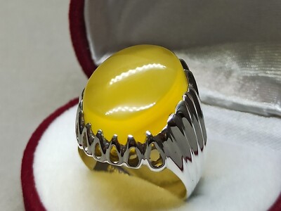 Natürlicher jemenitischer gelber Aqeeq/weißer Quarz Sterlingsilber 925 Handarbeit Herrenring