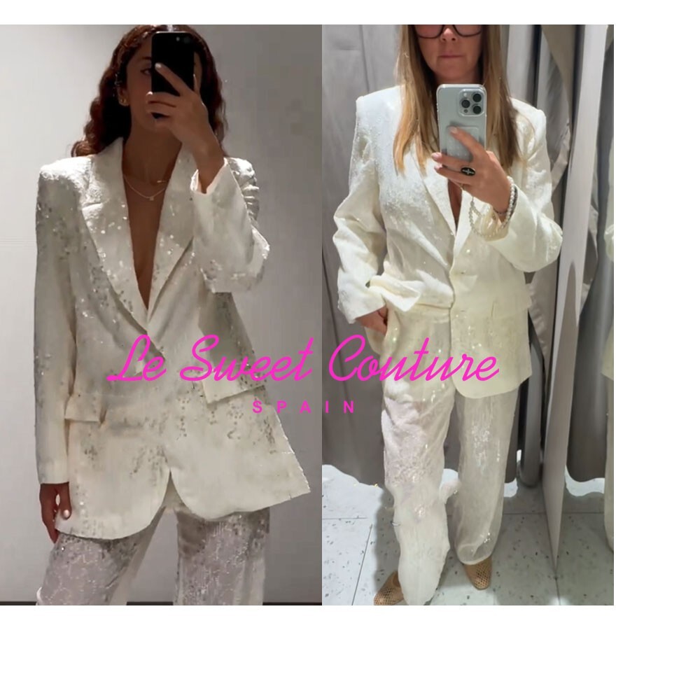 ZARA WOMAN NWT SS25 LONG SEQUIN BLAZER JACKET Oyster-white 3425