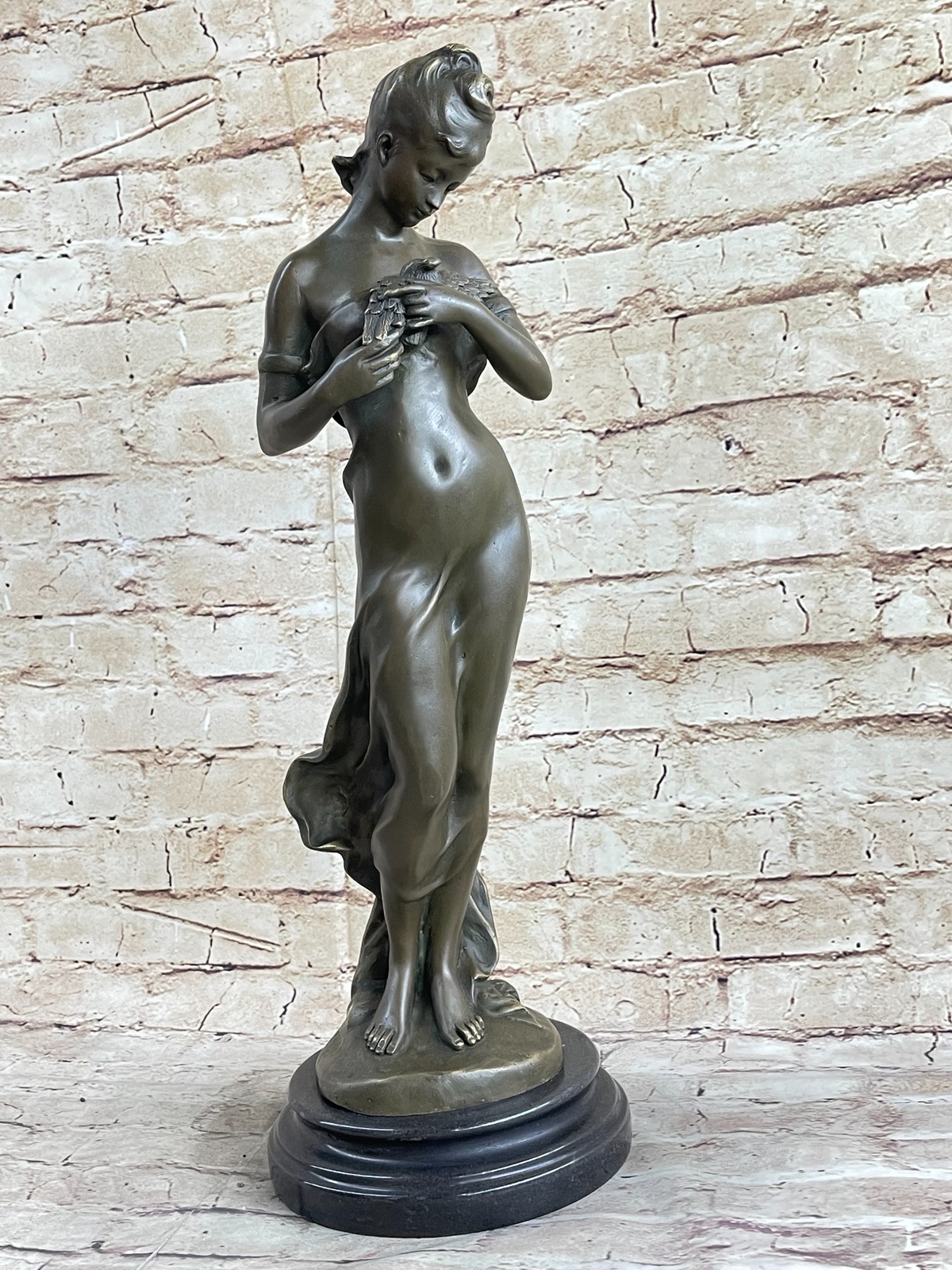 Nude Female Figure Girl Holding Bird Bronze Sculpture Statue Art on Marble Base