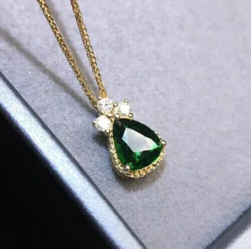 2.10Ct Pear Cut Lab Created Green Emerald Halo Pendant 14K Yellow Gold Plated - Picture 1 of 9