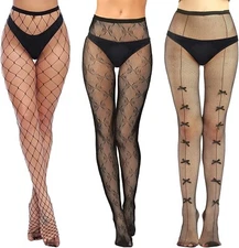 3 Pairs Patterned Fishnet Stockings High Waist Black Fishnet Tights (Size:M)