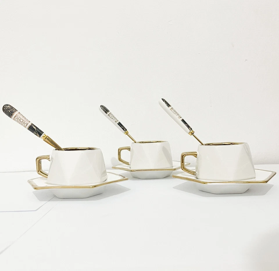 9 tazas y platillos de café y cucharadita de porcelana de oro blanco árabe turco griego Foto 3 de 4