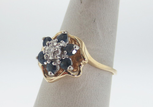 Natürliche blaue Saphire Diamanten BLUME massiv 14K Gelbgold Ring KOSTENLOSE Größe - Bild 2 von 5