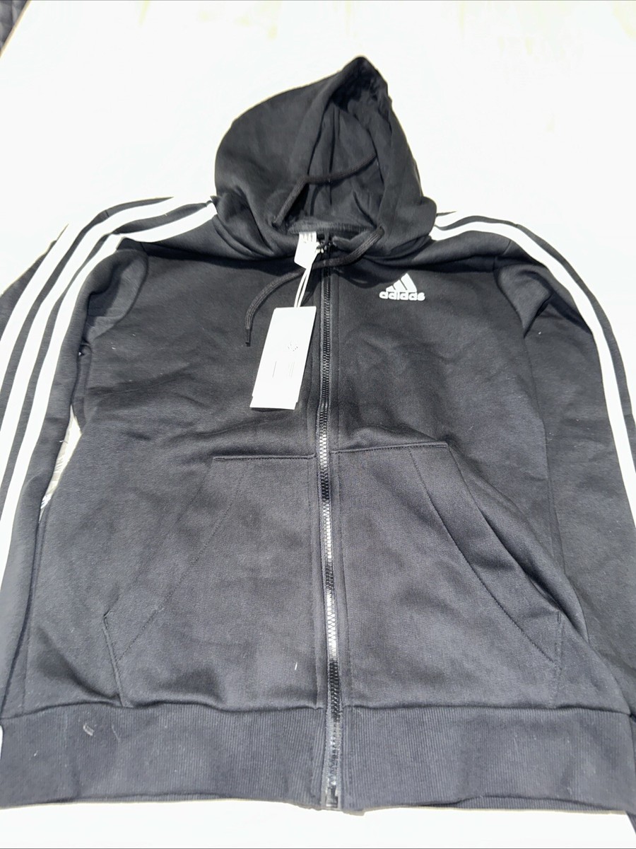 ADIDAS Womens Black Essentials Stripe Full Zip Hoodie Sweater XS