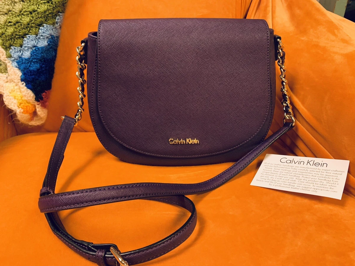 Calvin Klein Saddle Bag Saffiano Crossbody Purple Handbag GOLD Chain Purse