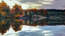 Landscape nature lake forest fall sunset water calm Custom Gaming Mat Desk