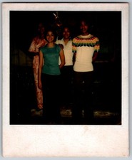 Vtg Polaroid Snapshot Photo Asian Group Friends Man Striped Shirt Women