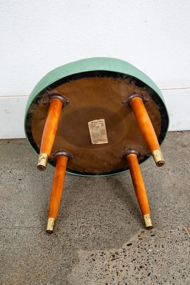 Mid Century Modern Ottoman Stool Aqua Wood Vintage Mcm Round Mcm Blue Green - Image 4 of 4