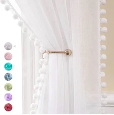 MIULEE White Linen Textured Sheer Curtains with Pom Pom