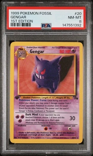 1999 POKEMON FOSSIL 20 GENGAR 1ST EDITION PSA 8