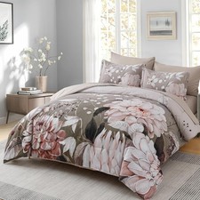 Drucon Queen Comforter Set - 7 Pieces Floral Brown Soft Bedding Sets, Queen Bed
