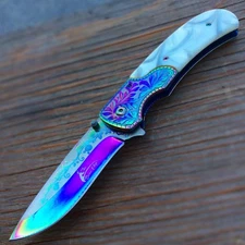 8.5" Spring Assisted Folding Knife Packawood & Pearl Handles Engraved New Gift -