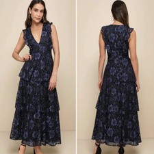 Lulu's Lace Tiered Midi Dress Small Blue Black S Molinetto Ruffles Prom