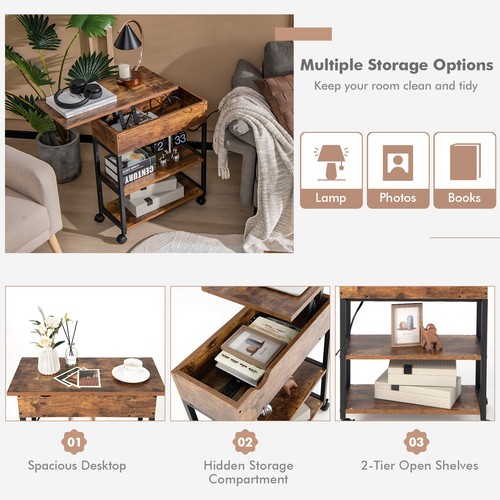 Lift Top End Table W/ Mobile Bedside Charging Station Storage Shelves Wheels - Picture 7 of 9
