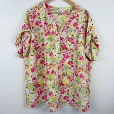 CJ Banks Womens 2X Floral Print V Neck Short Sleeve Tunic Top Blouse