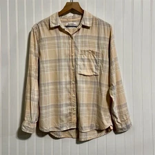 REI Co-op Campwell Flannel Shirt Women's Medium Beige Plaid Organic Cotton Style