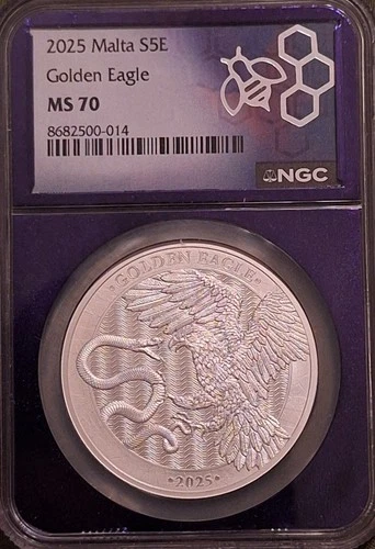 2025 Malta S5E Golden Eagle MS 70 .9999 Silver - Trader Bea Purple Core