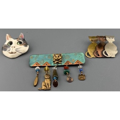 Vintage Cat Brooch Lot Ceramic Cat Egyptian Cat Artisan Feline Pins Mixed Media