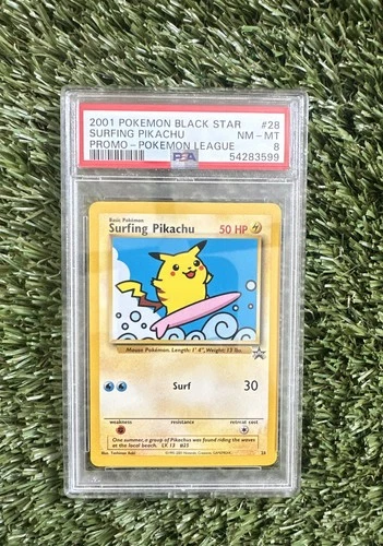 2001 POKEMON PROMO BLACK STAR POKEMON LEAGUE #28 SURFING PIKACHU PSA 8