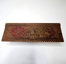 Antique Wood Pyrography Glove Box Gibson Lady Red Flowers Hinged Lid Art Nouveau