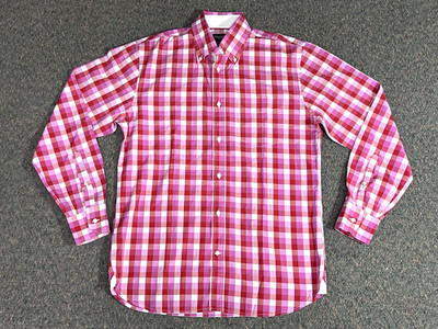 Hackett London Button Down Shirt Men's Medium Pink/White/Red Check Long Sleeve
