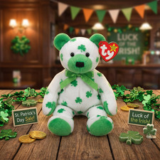 TY Clover Beanie Baby - 2002 St. Patrick's Day Bear - White with Shamrocks