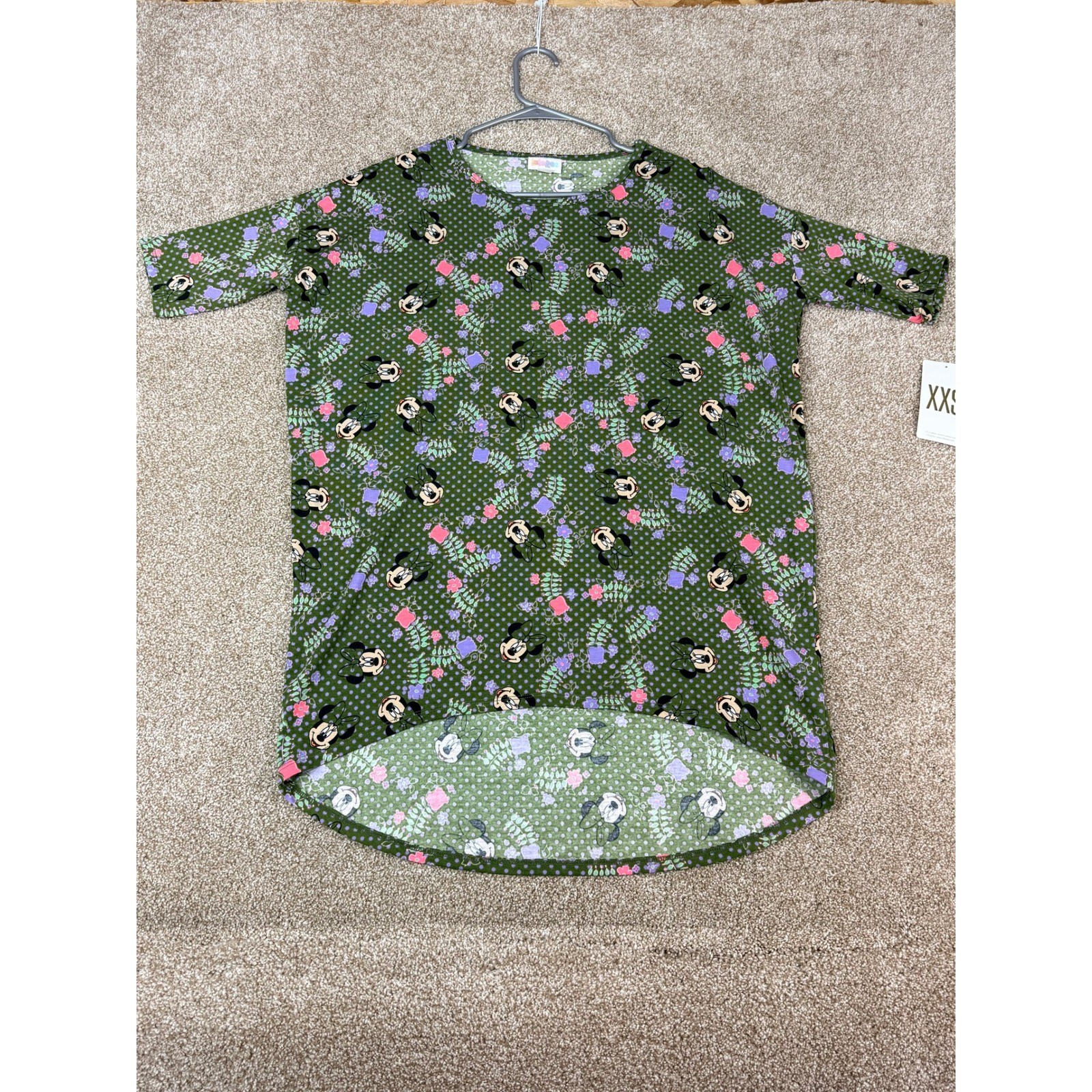 NWT LuLaRoe Disney Irma Tunic Top XXS Olive Green Minnie Mouse Floral Polka Dot