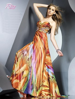 Riva Designs Orange Swirl Crystal Detail Strapless Gown Size 0 $334 Prom