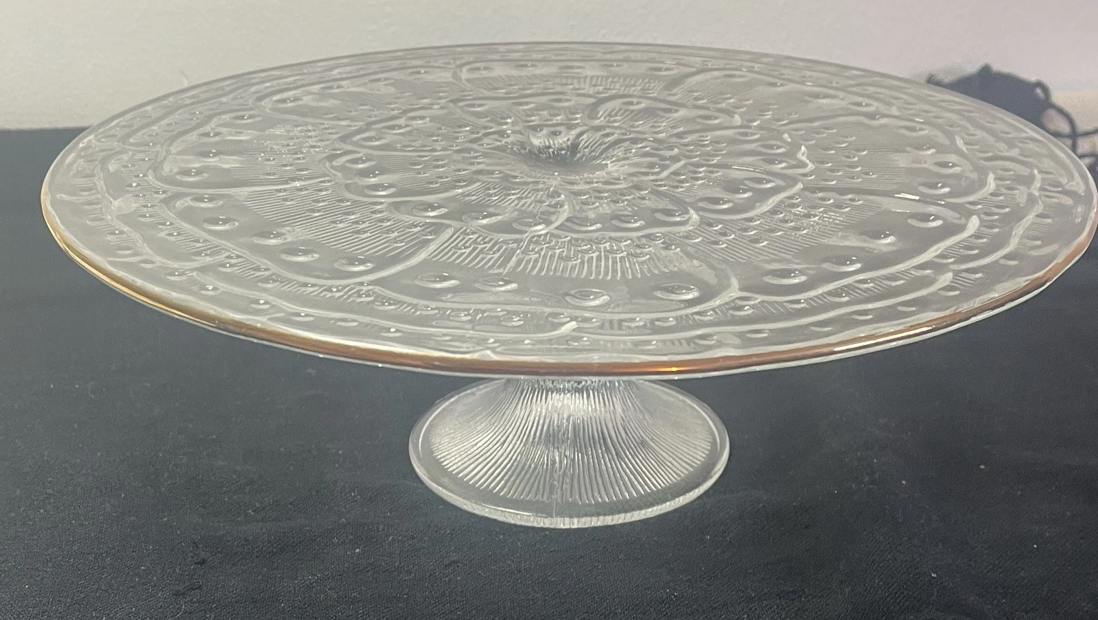 VTG Duncan & Miller Glass Cake Stand Sandwich Pattern with Gold Trim 12.5 Inches