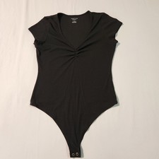 American Eagle Women's Black Ribbed V-Neck Short Sleeve Bodysuit - Size Large