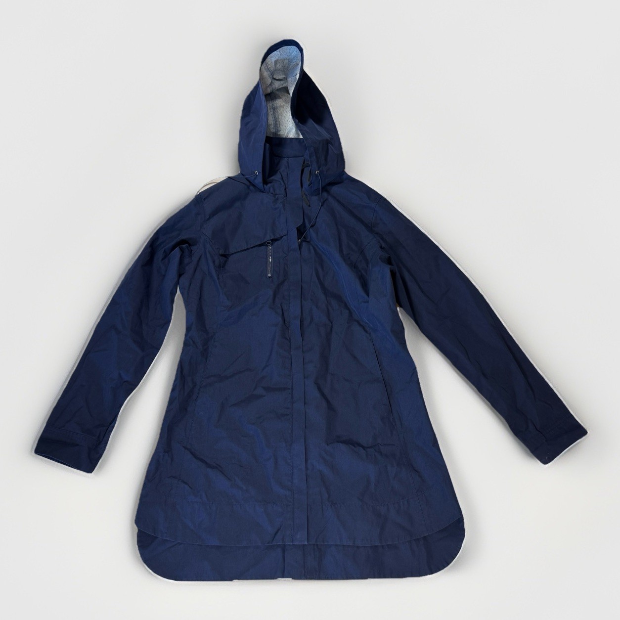 MONDETTA Women's Hooded Full Zip Long Rain Coat Navy Blue Zipper Closure Size M