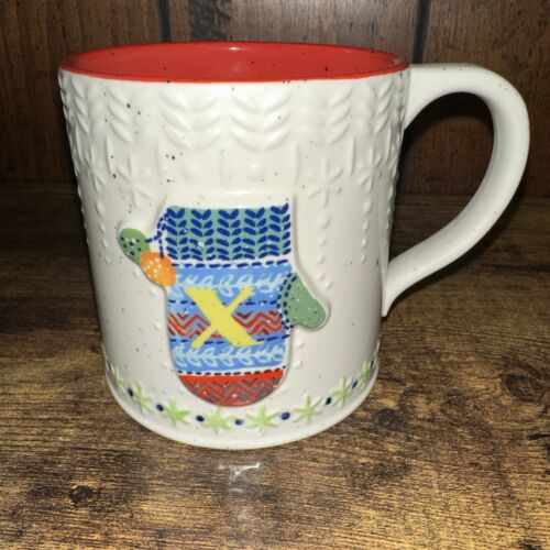 Christmas Anthropologie Bundled Up Mitten Mug Coffee Cup 20 oz. Monogram X
