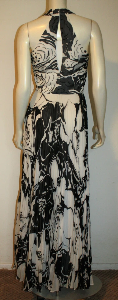 Kay Unger Black White Beaded Long Maxi Dress 6 Silk Halter Pleated Skirt - Image 3 of 4