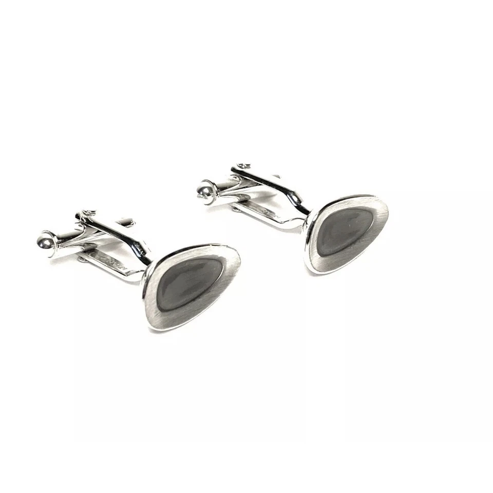 LANVIN PARIS Mens Oval Rhodium Plated Brass Lacquer Cufflinks Silver Gray Size U - Image 2 of 4