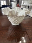 Vintage FENTON White Milk Glass Hobnail Crimped Ruffle Edge Bowl Vase 6” X 4”