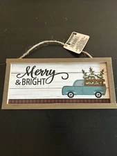 Christmas Decor Rustic "Merry & Bright" Holiday Wall Sign Truck Design 10x5 inch