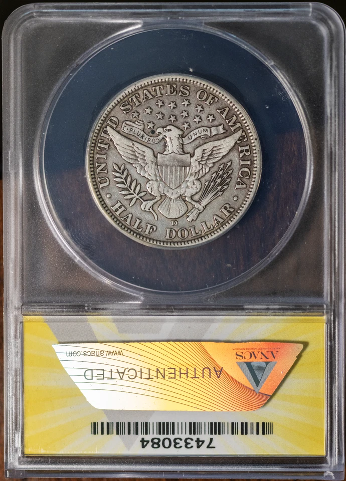 1908-D 50c Silver Barber Half-dollar VF-30 ANACS # 7433083 + Bonus - Image 2 of 2