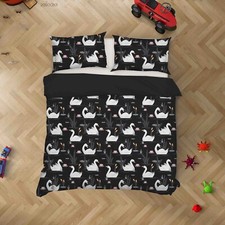 3D Swans Flowers Pattern Balck Quilt Cover Set Duvet Cover Bedding Pillowcases