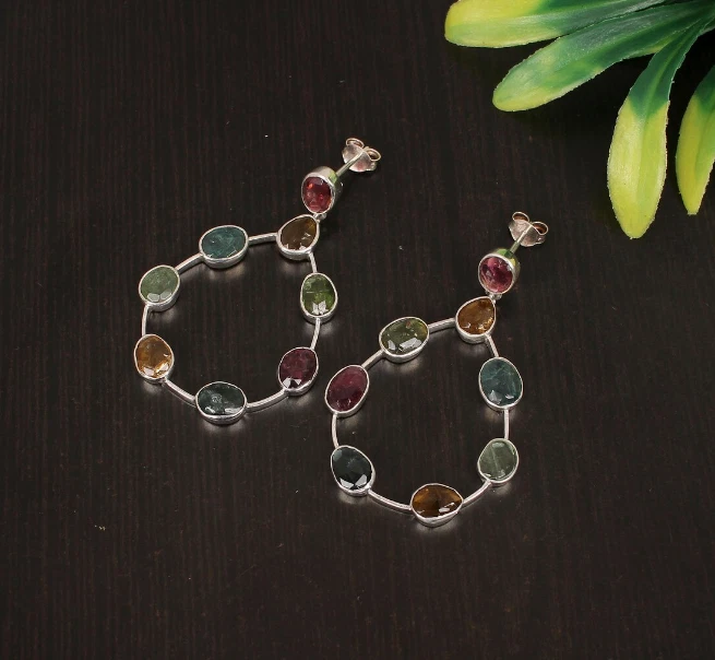 Multi Rose Cut Tourmaline Gemstone 925 Sterling Silver Gold Plated Earring Stnd. - Image 3 of 3