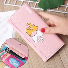 Women's Wallet Cute Cat PU Leather Coin Purse Bifold Long Bifold Purse Handbag