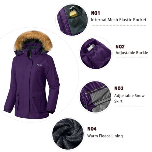 Wantdo Women's Ski Jacket Winter Fleeced Snow Coat Waterproof Fur Hooded Jackets - Picture 54 of 86