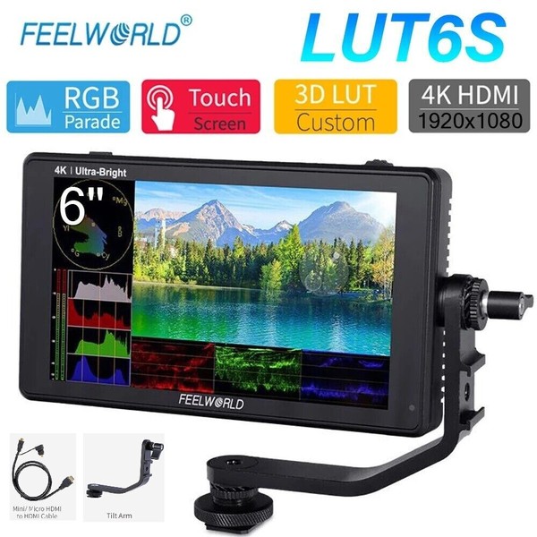 Monitor de campo FEELWORLD LUT6S 6" 2600nits HDR 3D LUT 3G-SDI 4K para cámara DSLR