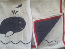 Pottery Barn Kids Whale Baby Blanket Knit Blue Red Reversible Fish Sea Life