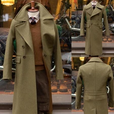 Green Men Long Overcoat Wool Blend Coat Regular Fit Tweed Double Breasted Custom