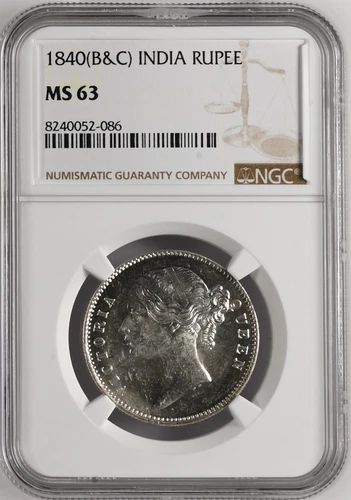 BRITISH INDIA 1840 (B&C) VICTORIA QUEEN ONE RUPEE NGC GRADED AS MS 63 RARE