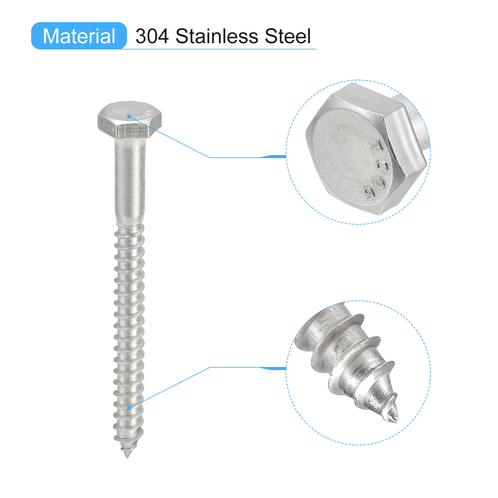 Hex Head Lag Screws Bolts, 5pcs 1/4" x 3" 304 Stainless Steel Wood
